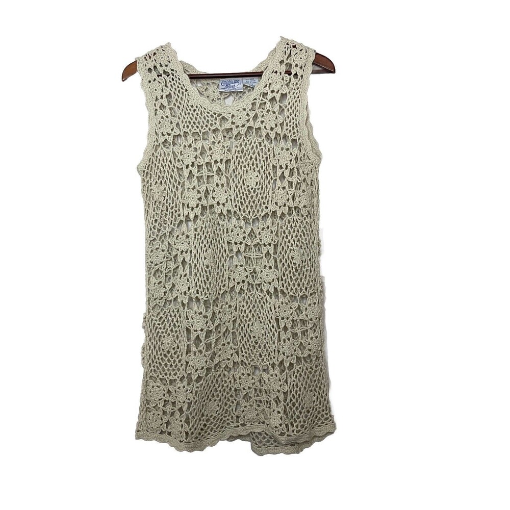 Midnight Blues Vintage Crochet Mini Dress Sleeveless Floral Women's L Beige